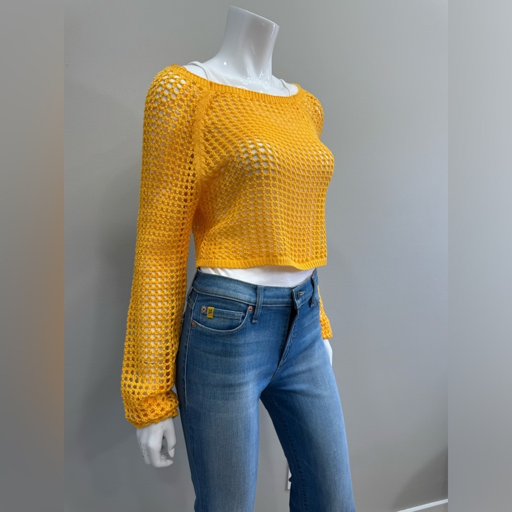 Love Tree Yellow Crochet Knit Sweater Open Knit Boat Neck Top M - Picture 2 of 4